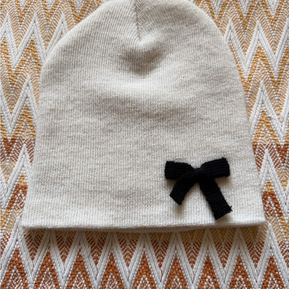 Cream Knit Hat with Black Bow never worn